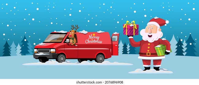 Santa and reindeer drives a motorcycle to deliver Christmas presents to children around the world. Merry Christmas cutout element for Holiday cards, invitations and website celebration decoration.