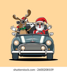 Santa and Reindeer Driving In A Car Celebrating Christmas