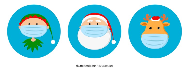 Santa, reno y elfo con máscaras médicas. avatares de Navidad. Ilustración vectorial.