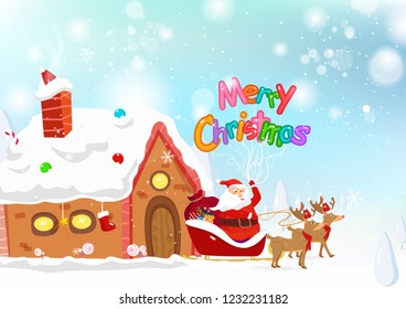 Santa, reindeer, fantasy snow falling poster concept with Merry Christmas balloon bubbles, gift and present, cute cartoon winter holiday background vector