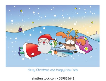 Santa and reindeer are fishing on snow in Merry Christmas and happy new year