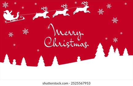 Santa and reindeer flying Christmas or greeting card design in red and white silhouette