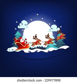 Santa And Reindeer Flying On The Moon Night Background Cartoon Vector Eps 10