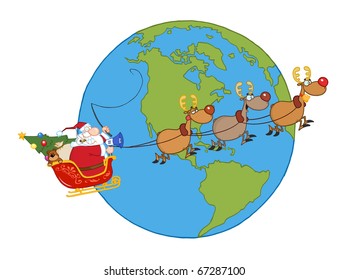 Santa And Reindeer Flying Over Earth