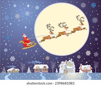 Santa and reindeer flying in sky
