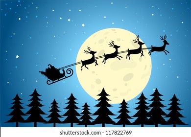 Santa And Reindeer Flying Through A Christmas Night, EPS10 Vector