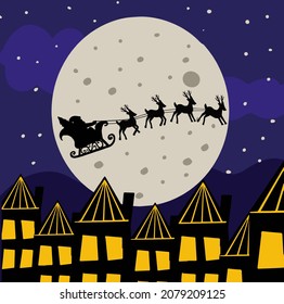 Santa and Reindeer Flying Through a Christmas Night