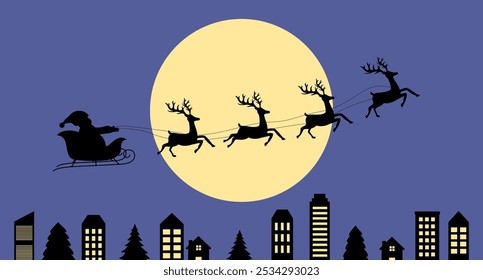 Santa and reindeer flying through a Christmas night in flat design.