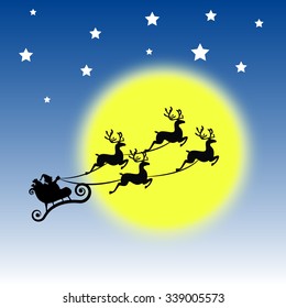 Santa and Reindeer Flying Through the Night Sky