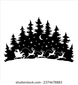 Santa with Reindeer in the Forest, Christmas Scene, Hand Drawn Vector Illustration