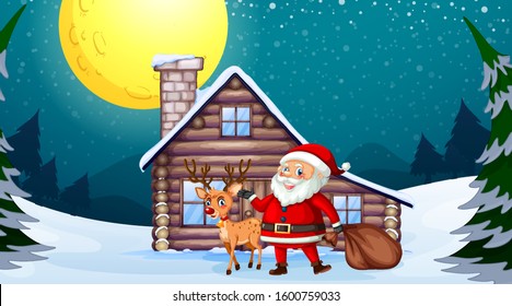Santa and reindeer in front of wooden house illustration