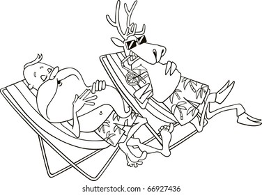 santa and reindeer having a rest for coloring book
