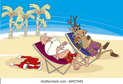 santa and reindeer having a rest on the beach