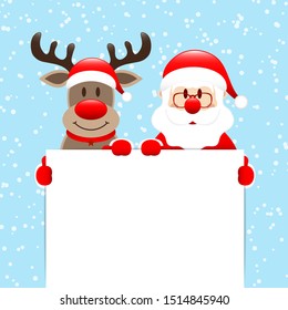 Santa And Reindeer Holding Label Snow Light Blue