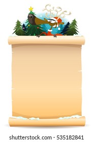 Santa Reindeer Holding Parchment Background/
Illustration of a cartoon happy santa reindeer character, holding parchment sign for merry christmas holidays and children gift list