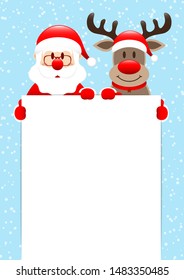 Santa And Reindeer Holding Poster Snow Light Blue