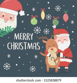 santa and reindeer hugging balls candy cane snowflakes celebration merry christmas poster vector illustration santa and reindeer hugging balls candy cane snowflakes celebration merry christmas poster vector illustration