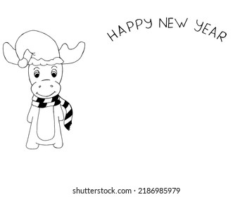 Santa reindeer with inscription Happy New Year and copy space. Funny cartoon christmas animal. Christmas greeting card. Christmas concept. New year background.