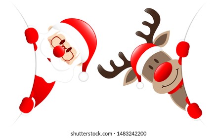 Santa And Reindeer Looking Inside Round Banner