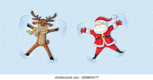 Santa and Reindeer making Snow Angels Celebrating Christmas. Funny Xmas characters having fun playing in the snow
