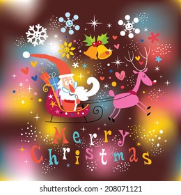 Santa and reindeer Merry Christmas card