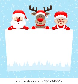 Santa Reindeer And Mrs Santa Holding Wish List Snow Blue