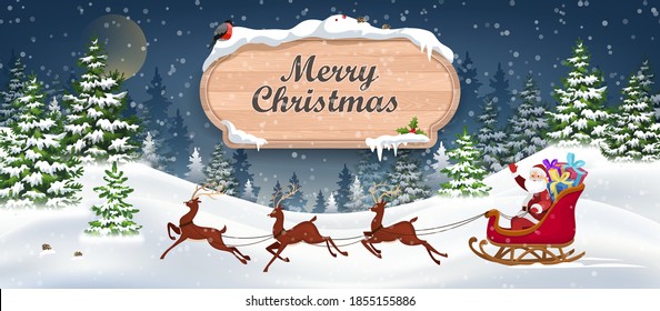 Santa and Reindeer on Christmas Background. Winter Christmas Landscape Vector Background with snow covered hills, pine forest with wooden banner. 