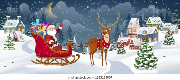 Santa and Reindeer on Christmas Background. Winter Christmas Landscape Vector Background with snow covered hills, village houses, pine forest.