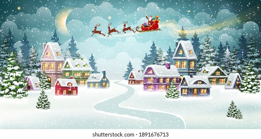 Santa and Reindeer on Christmas Background. Winter Christmas scene with snow covered houses and pine forest.  Holiday Vector Background