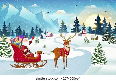 Santa and Reindeer on Christmas Background. Winter Christmas scene with snow covered houses, mountain and pine forest.  Holiday Vector Background