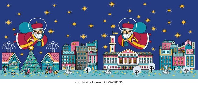 Santa and Reindeer on Christmas Background. Winter Christmas scene with snow covered houses and pine forest. Holiday Vector Background