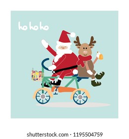 Santa and reindeer on vintage bicycle with Christmas present on the basket.They are chatting on their journey with happy face.  