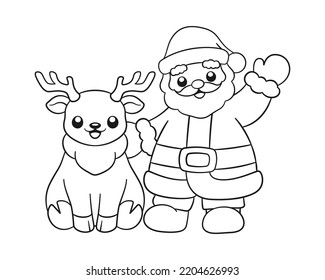 Santa and reindeer outline line art doodle cartoon illustration  Winter Christmas theme coloring book page activity for kids   adults 