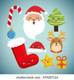 Santa reindeer pine tree  boot gift star hat candy cartoon icon. Merry Christmas decoration and season theme. Colorful design. Vector illustration