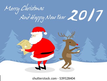 Santa and reindeer point in different direction. Christmas and new year card.