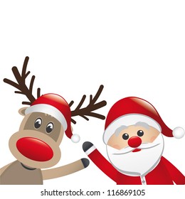 santa and reindeer red nose behind santa claus