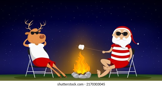 Santa and reindeer roasting marshmallows on bonfire. Vector illustration.