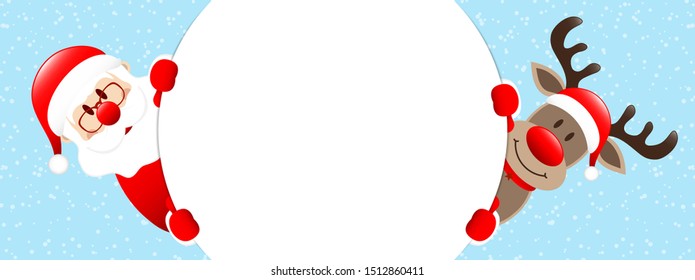 Santa And Reindeer Round Banner Outside Snow Blue