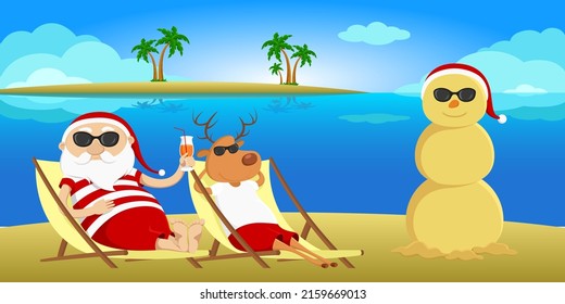 Santa, reindeer and sand snowman on beach. Vector illustration.