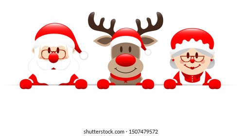 Santa Reindeer And Santas Wife Holding Banner