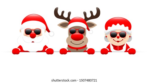 Santa Reindeer And Santas Wife Sunglasses Holding Banner