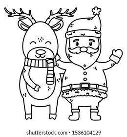 santa and reindeer with scarf celebration merry christmas vector illustration thick line