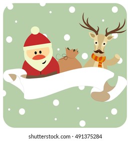 Santa and reindeer in a scarf congratulate, copyspace