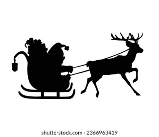 Santa With Reindeer Silhouette. Christmas Vector Illustration,
