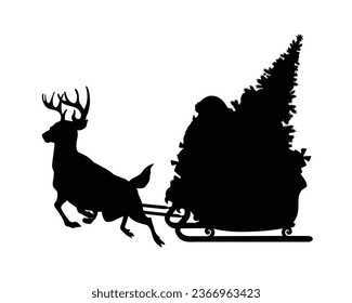 Santa With Reindeer Silhouette. Christmas Vector Illustration,