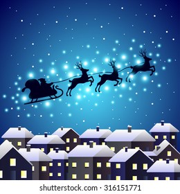 Santa reindeer silhouette on night city vector background