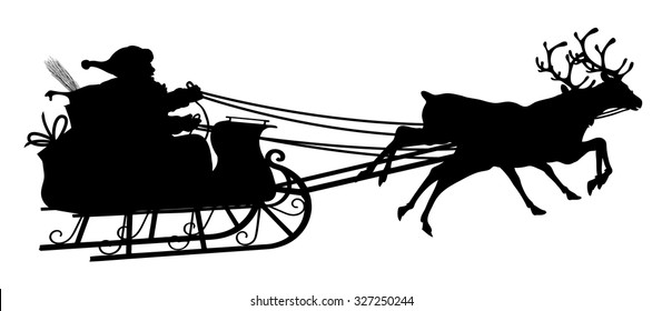 Santa with Reindeer Sled - Black Silhouette - Outline Shape of Claus Sledge, Sled - Holiday Season Symbol - Christmas, XMas, X-Mas.