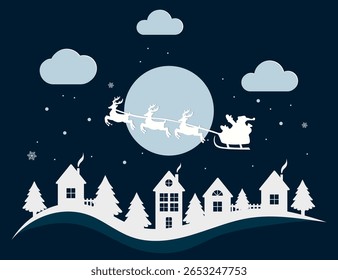 Santa in a reindeer sleigh flies in the sky on Christmas night. Winter landscape with houses and fir trees in snowdrifts.