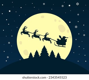 Santa en un reno trineo en el cielo contra el telón de fondo de una gran luna amarilla. Tarjeta de saludo. Feliz Navidad y Feliz Año Nuevo. Vector