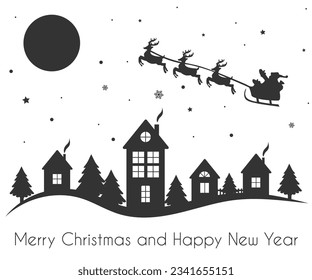 Santa en un reno trineo en el cielo. Fondo de navidad de invierno con luna, casas, santa y nevada. Dibujos negros sobre un fondo blanco. Feliz Navidad y Feliz Año Nuevo. Vector